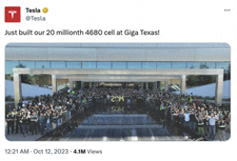 Tesla's Texas Super Factory's cumulative production of 4680 battery cells has exceeded 20 million units